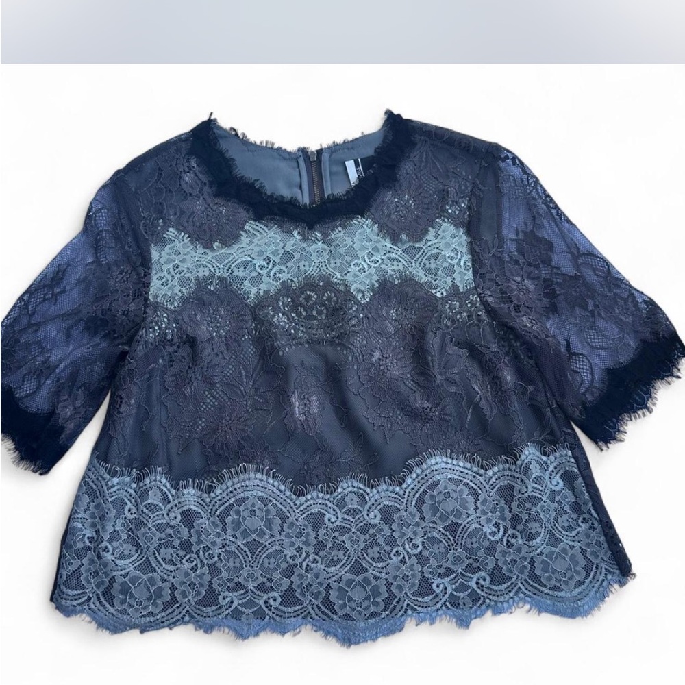 Topshop Lace Top | Sheer Black & Gray | Short Sleeve Blouse